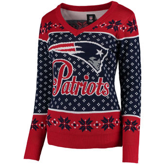 Women's New England Patriots Klew Navy Big Logo V-Neck Sweater