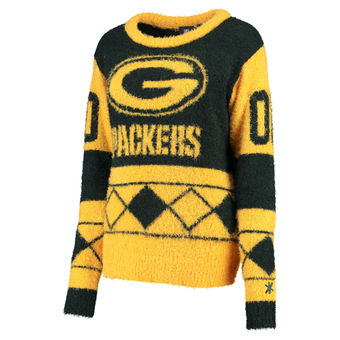 Women's Green Bay Packers Klew Green Eyelash Crew Ugly Sweater