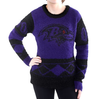 Women's Baltimore Ravens Klew Purple Eyelash Crew Ugly Sweater