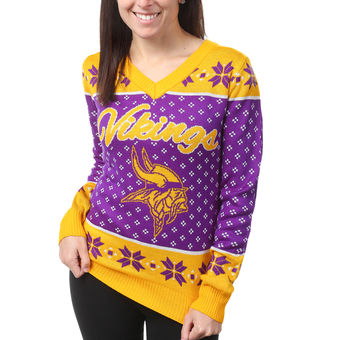 Women's Minnesota Vikings Klew Purple Big Logo V-Neck Sweater