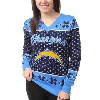 Women's San Diego Chargers Klew Navy Big Logo V-Neck Sweater