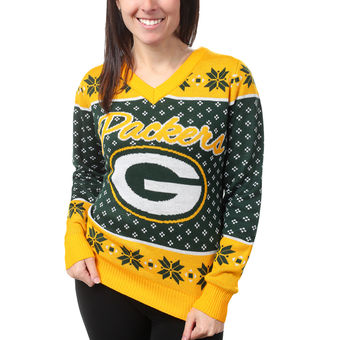 Women's Green Bay Packers Klew Green Big Logo V-Neck Sweater