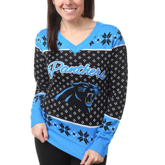 Women's Carolina Panthers Klew Black Big Logo V-Neck Sweater
