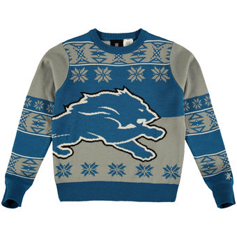 Youth Detroit Lions Blue Gray Big Logo Ugly Sweater