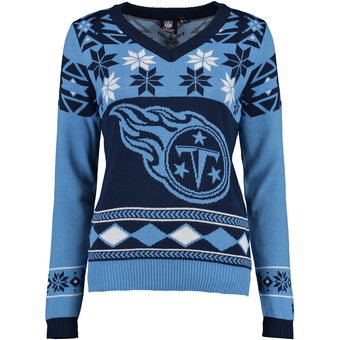 Women's Tennessee Titans Klew Navy Light Blue Big Logo V-Neck Ugly Sweater