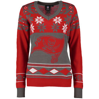 Women's Tampa Bay Buccaneers Klew Red Pewter Big Logo V-Neck Ugly Sweater
