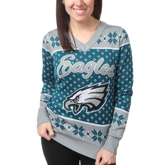 Women's Philadelphia Eagles Klew Midnight Green Big Logo V-Neck Sweater