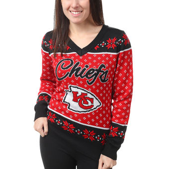 Women's Kansas City Chiefs Klew Red Big Logo V-Neck Sweater