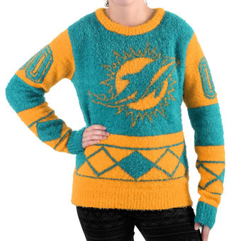 Women's Miami Dolphins Klew Aqua Eyelash Crew Ugly Sweater