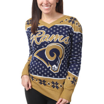 Women's Los Angeles Rams Klew Navy Big Logo V-Neck Sweater