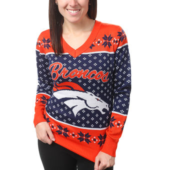 Women's Denver Broncos Klew Orange Big Logo V-Neck Sweater