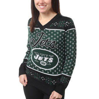 Women's New York Jets Klew Green Big Logo V-Neck Sweater