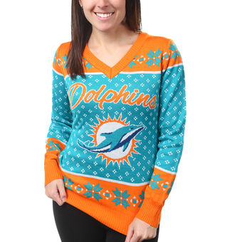 Women's Miami Dolphins Klew Aqua Big Logo V-Neck Sweater