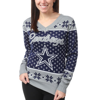 Women's Dallas Cowboys Klew Navy Big Logo V-Neck Sweater