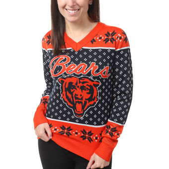Women's Chicago Bears Klew Navy Big Logo V-Neck Sweater