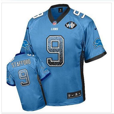 NEW Lions #9 Matthew Stafford Blue Team Color With WCF Patch Drift Fashion Jersey