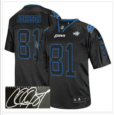 NEW Lions #81 Calvin Johnson Lights Out Black With WCF Patch Autographed Jersey