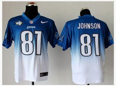 NEW Lions #81 Calvin Johnson Blue-White With WCF Patch Fadeaway Fashion Jersey