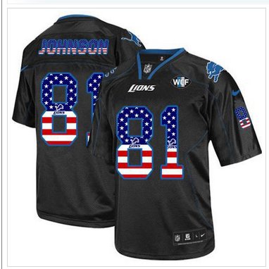 NEW Lions #81 Calvin Johnson Black With WCF Patch USA Flag Fashion Jersey