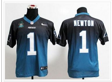 NEW Panthers #1 Cam Newton Black-Blue With 20TH Season Patch Stitched Fadeaway Fashion Jersey