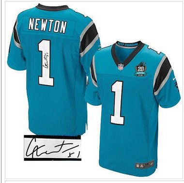 NEW Panthers #1 Cam Newton Blue Alternate With 20TH Season Patch Stitched Autographed Jersey