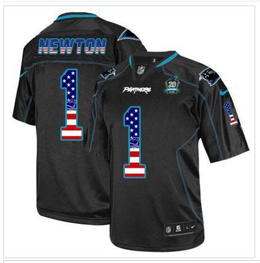 NEW Panthers #1 Cam Newton Black With 20TH Season Patch Stitched USA Flag Fashion Jersey