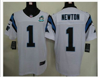 NEW Panthers #1 Cam Newton White With 20TH Season Patch Stitched Jersey