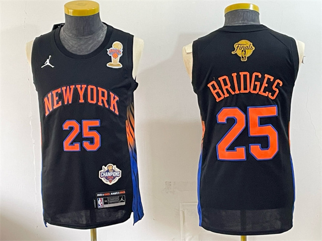Men's New Yok Knicks #25 Mikal Bridges Black 2026 Finals Champions Patch Statement Edition Stitched Jersey