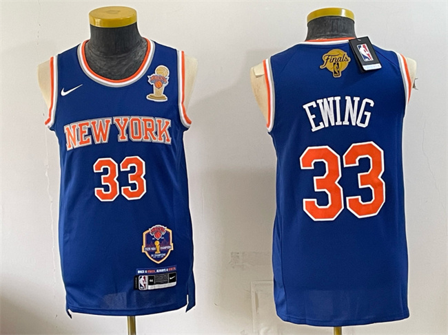 Men's New Yok Knicks #33 Patrick Ewing Blue 2026 Finals Champions Patch Stitched Jersey