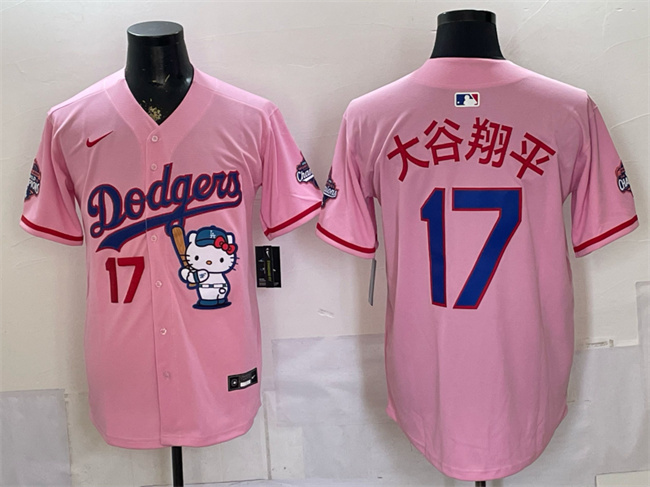 Men's Los Angeles Dodgers #17 大谷翔平 Pink Hello Kitty Night 2025 World Series Champions Patch Stitched Baseball Jersey Men's Los Angeles Dodgers #17 大谷翔平 Pink Hello Kitty Night 2025 World Series Champions Patch Stitched Baseball Jersey
